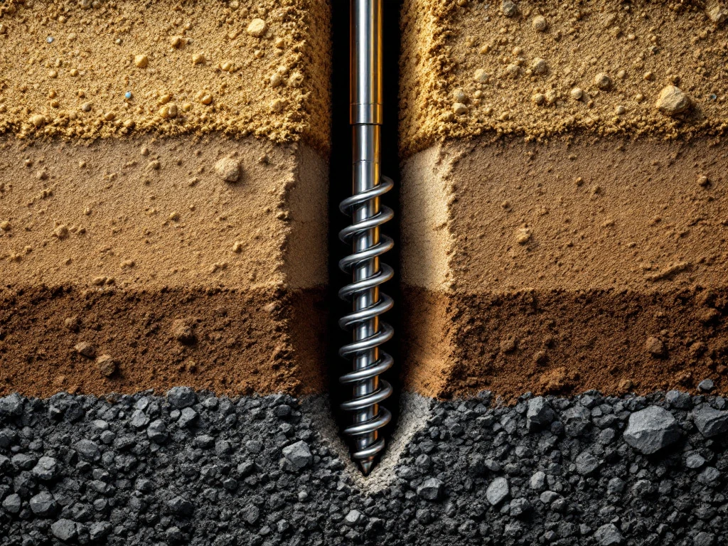 Stalen schroeffunderingen spiralen door verschillende grondlagen van zand, klei en rots in dramatische doorsnede