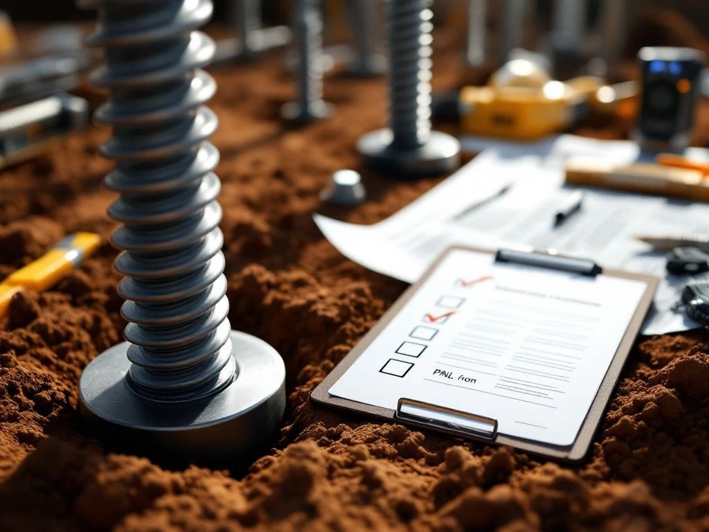 schroeffunderingen-installatie-bouwplaats-documentatie.jpg Stalen schroeffunderingen worden geïnstalleerd in bruine aarde met bouwplannen en documenten op de achtergrond