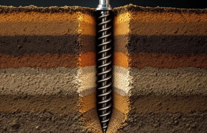 Stalen schroefpaal doorsnede in gelaagde bodem met topgrond, klei, zand en rotsfundering