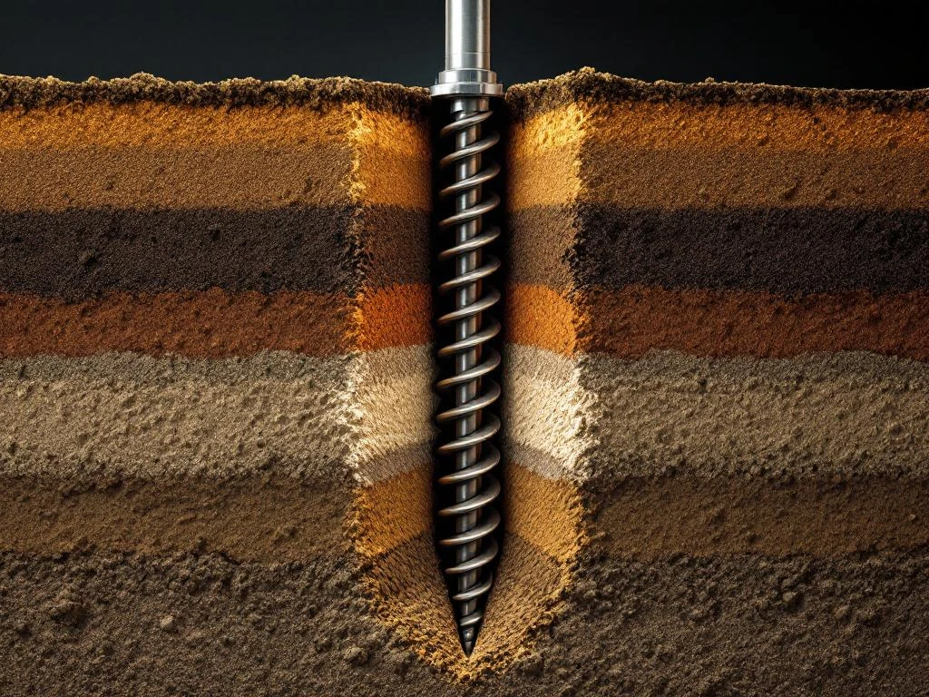 Stalen schroefpaal doorsnede in gelaagde bodem met topgrond, klei, zand en rotsfundering