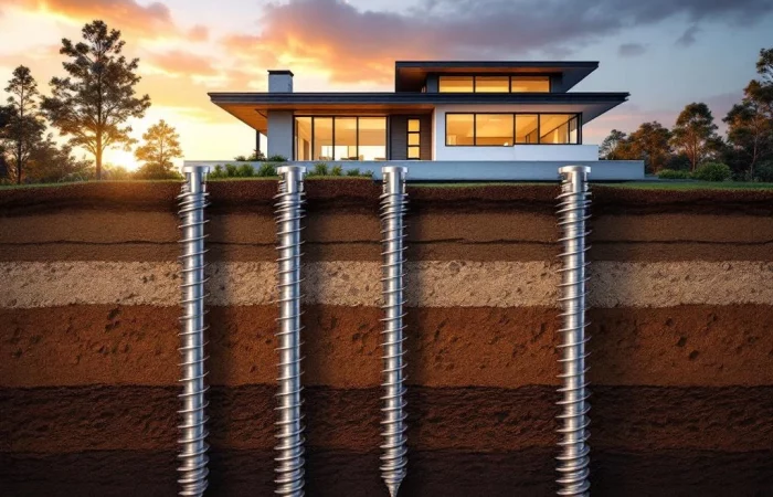 Moderne schroefpaalfunderingen die diep in gelaagde grond penetreren onder eigentijds woonhuis met grote ramen