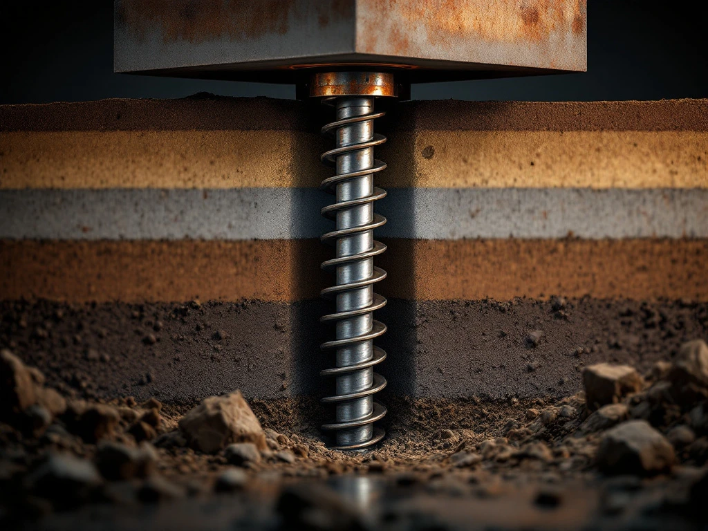 Dwarsdoorsnede van stalen schroefpaalpaal met spiraalplaten diep in gelaagde grond, verbonden met betonnen gebouwbasis