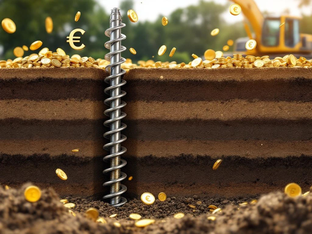 schroefpaal-fundatie-installatie-kosten-grondlagen.jpg Dwarsdoorsnede van schroefpaalfunderingen in gelaagde grond met stalen helixpalen en gouden kostenvisualisatie