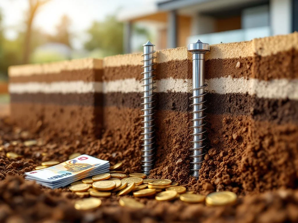 Schroefpaalfunderingen in bruine grond met eurobankbiljetten en munten, modern huis fundering op achtergrond