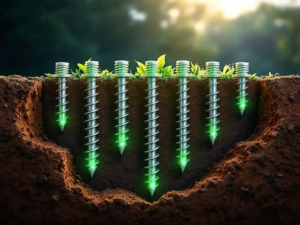 Duurzame schroefpaalfunderingen in doorsnede met stalen spiraalschroeven in bruine grondlagen met groene duurzaamheidsglow