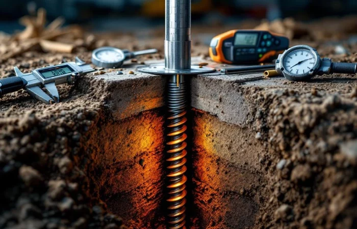 Stalen schroefpaal doorsnede in gelaagde grond met digitale meetinstrumenten en kwaliteitscontrole apparatuur op bouwplaats