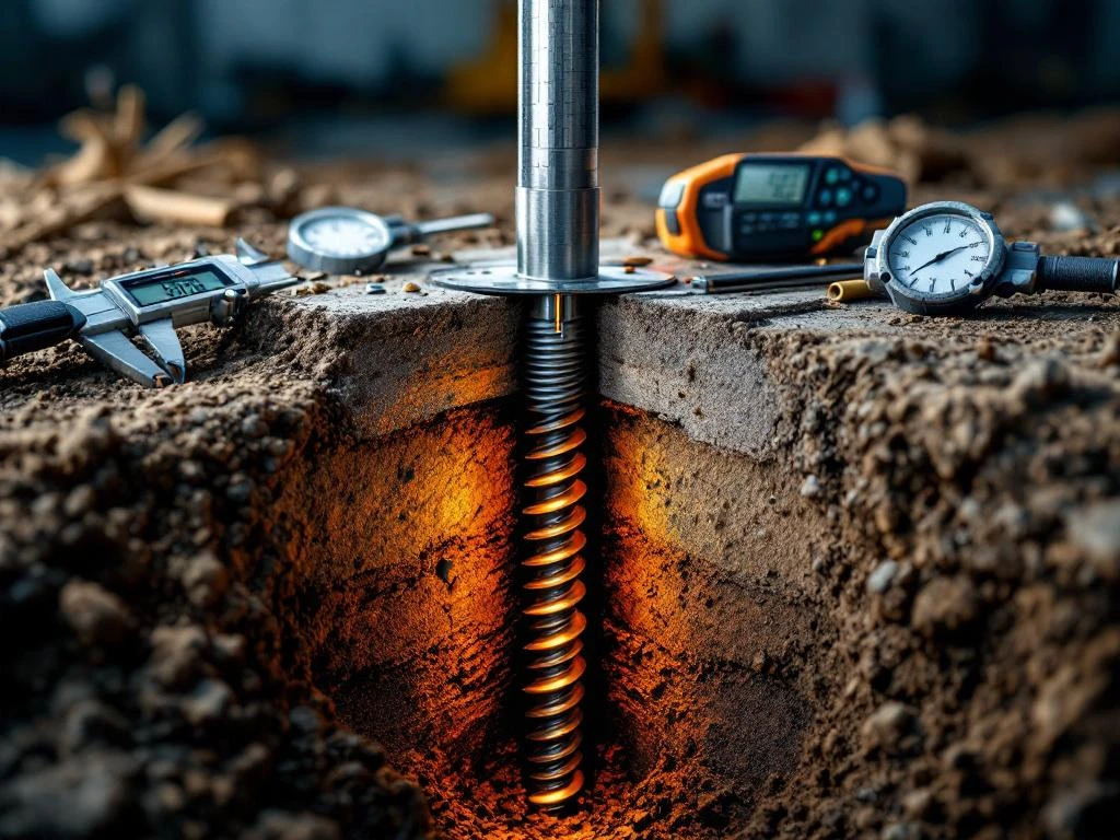 Stalen schroefpaal doorsnede in gelaagde grond met digitale meetinstrumenten en kwaliteitscontrole apparatuur op bouwplaats