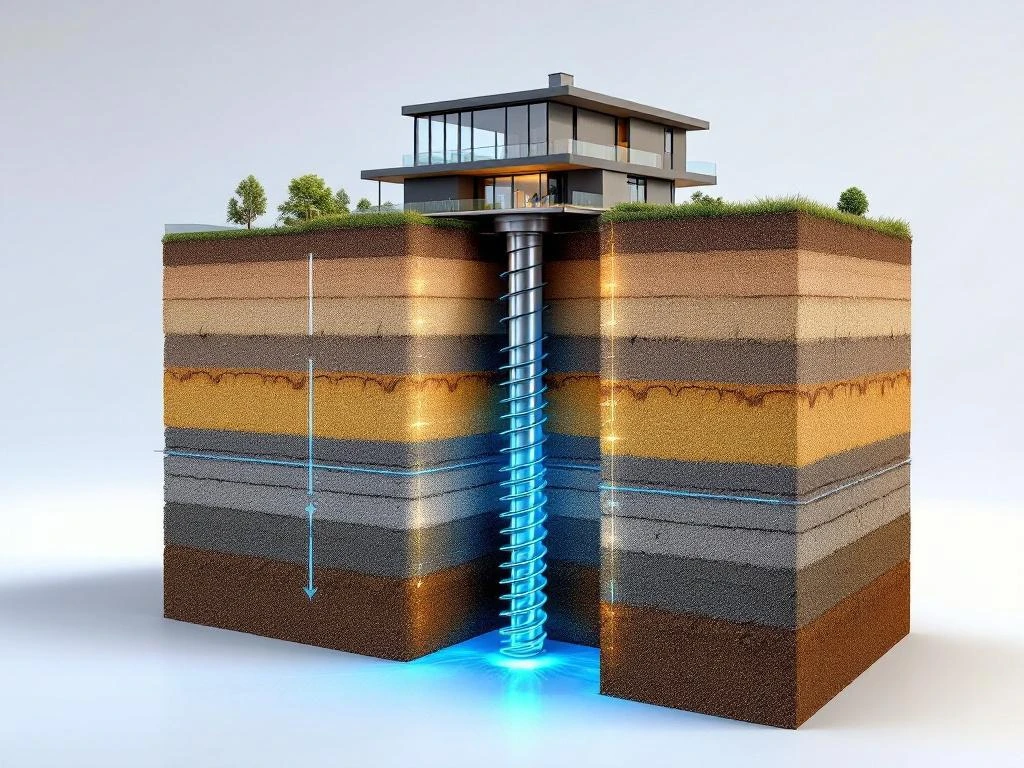 Doorsnede van stalen schroefpaalfundering met trillingsdempende elementen in gelaagde grond onder stabiel gebouw