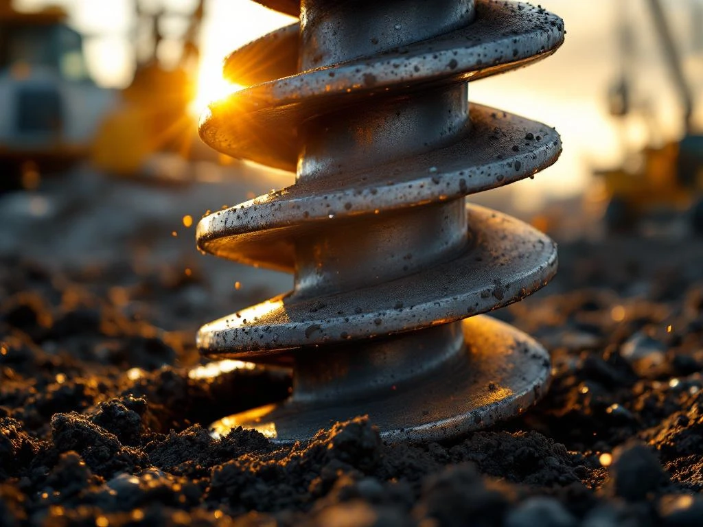 stalen-schroefpaal-fundering-constructie-close-up.jpg Stalen schroefpaal met spiraalvormige bladen in donkere grond, galvanisch oppervlak glanst in gouden licht
