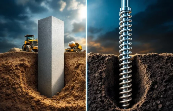 Split-screen vergelijking van betonpaal funderingsysteem links versus moderne schroefpaal installatie rechts