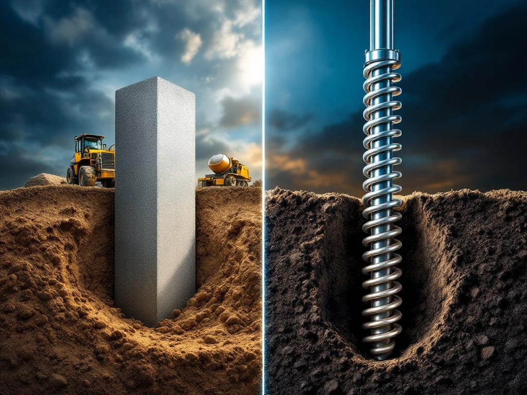 screw-pile-vs-concrete-foundation-comparison.jpg Split-screen vergelijking van betonpaal funderingsysteem links versus moderne schroefpaal installatie rechts