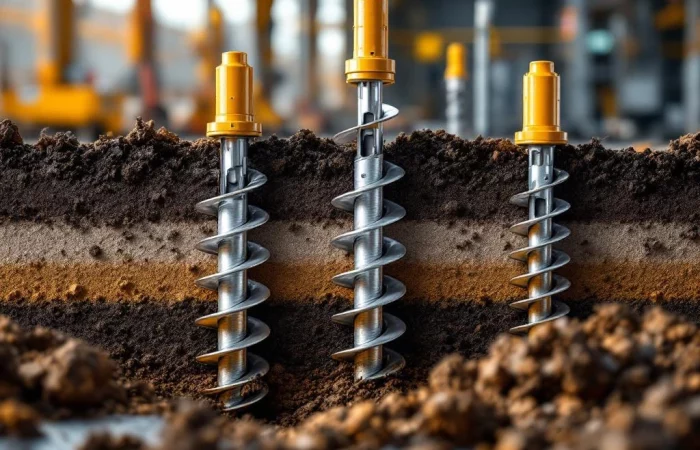 Doorsnede van schroeffunderingen met gegalvaniseerde stalen spiraalbladen in gelaagde grond onder professionele verlichting