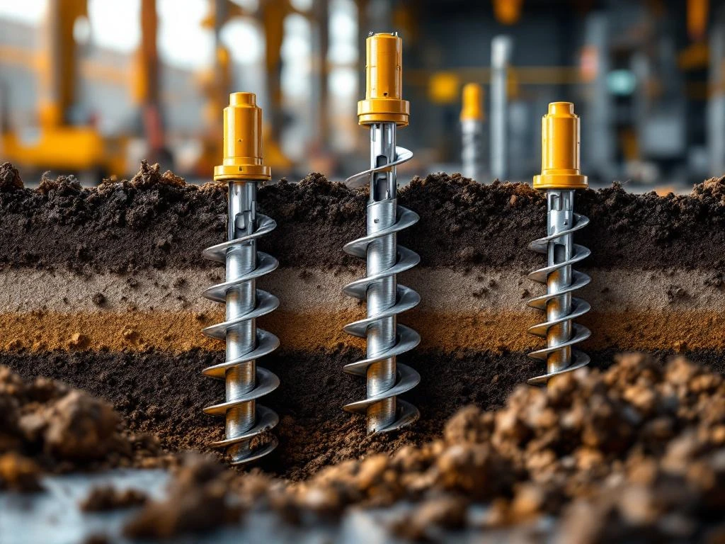 schroeffundering-materialen-doorsnede-staal.jpg Doorsnede van schroeffunderingen met gegalvaniseerde stalen spiraalbladen in gelaagde grond onder professionele verlichting