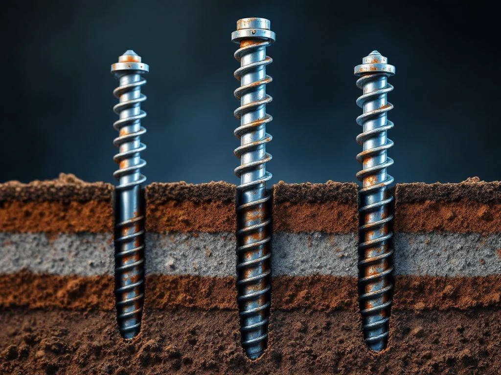 Doorsnede van drie stalen schroefpalen in gelaagde grond met verschillende stadia van corrosie en verwering