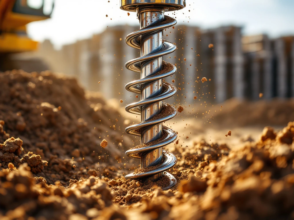 schroefpalen-hergebruik-duurzame-funderingen.jpg Stalen schroefpalen worden uit grond getrokken door bouwmachines, met gestapelde palen op achtergrond voor hergebruik