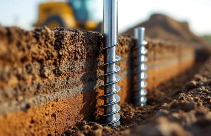 Stalen schroefpalen met spiraalbladen worden geïnstalleerd in gelaagde grond, dwarsdoorsnede toont precisie-engineering.
