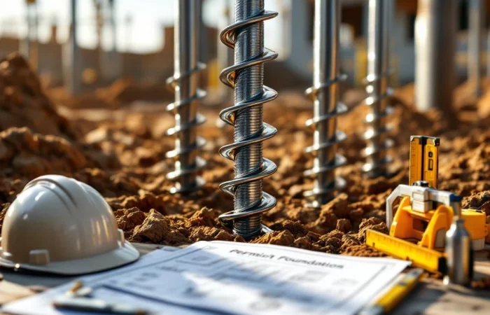 Schroefpalen van gegalvaniseerd staal worden geïnstalleerd in bruine grond met bouwvergunningen en blauwdrukken op tafel