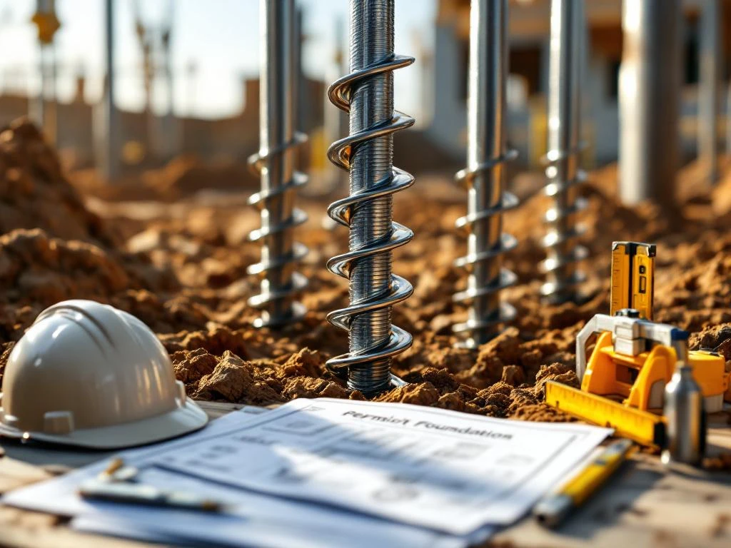 schroefpalen-installatie-vergunning-fundering.jpg Schroefpalen van gegalvaniseerd staal worden geïnstalleerd in bruine grond met bouwvergunningen en blauwdrukken op tafel