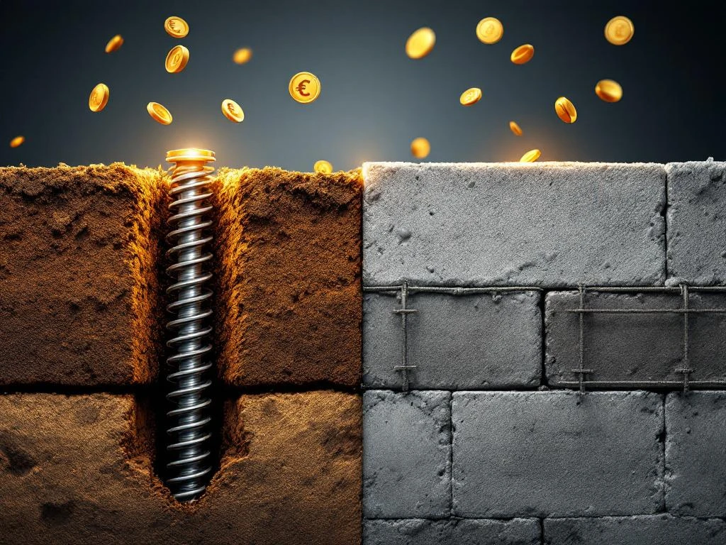 Doorsnede vergelijking van schroefpalen en betonnen funderingen met kosten symbolen en technische details