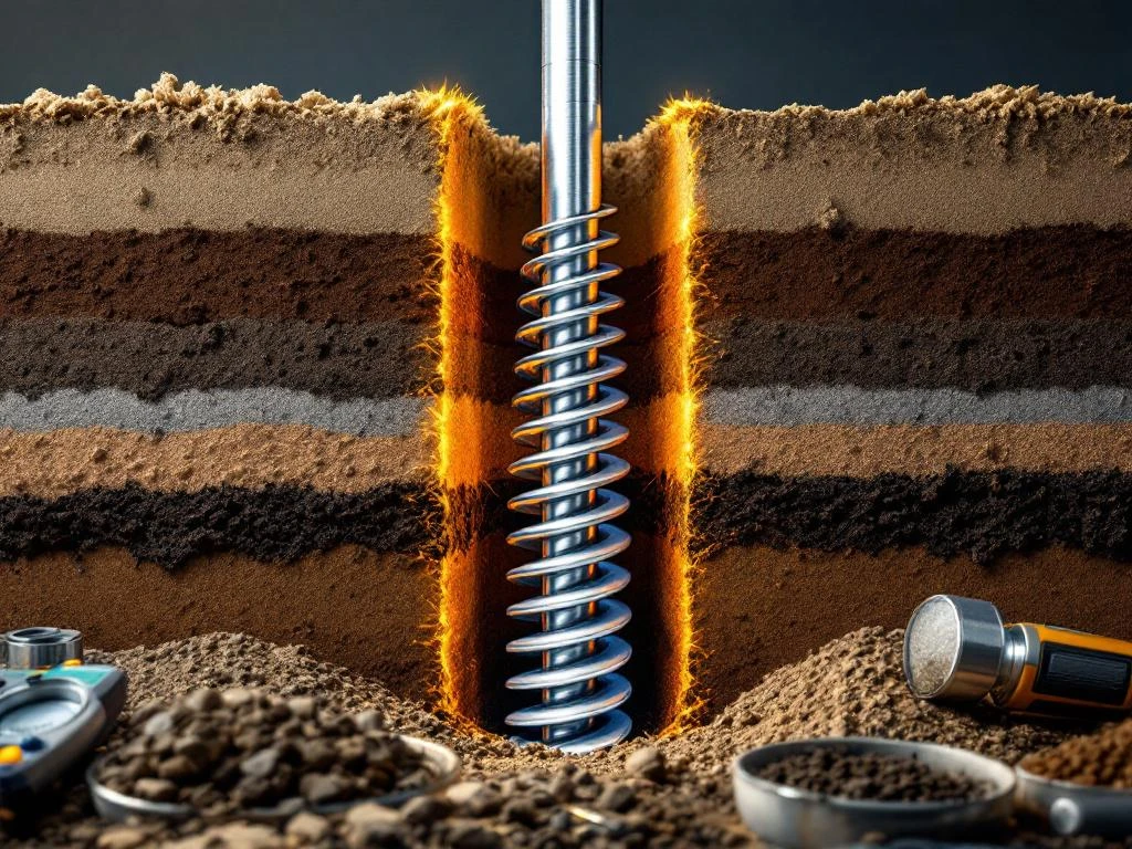 Stalen schroefpaal doorsnede in bodemlagen met grondmonsters en landmeetapparatuur voor funderingsonderzoek