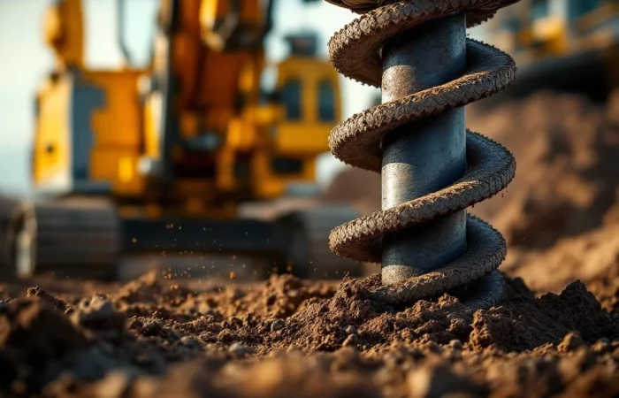 Hydraulische boormachine met spiraalschroefpaal die in bruine grond boort op bouwplaats met industriële verlichting