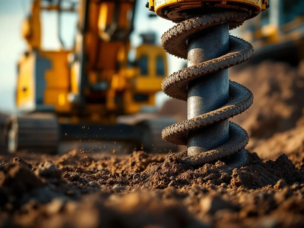 Hydraulische boormachine met spiraalschroefpaal die in bruine grond boort op bouwplaats met industriële verlichting