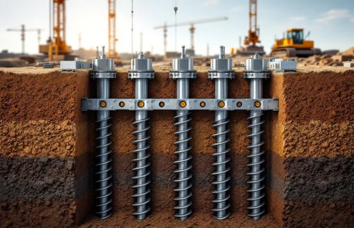 Dwarsdoorsnede van stalen schroefpalen met spiraalvleugels in bruine grondlagen, verbonden door versterkingsbalken