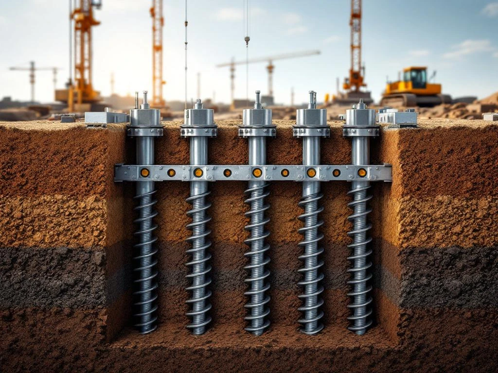 Dwarsdoorsnede van stalen schroefpalen met spiraalvleugels in bruine grondlagen, verbonden door versterkingsbalken