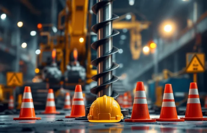 Stalen schroefpaal wordt geïnstalleerd op bouwplaats met oranje veiligheidskegels en gele helmen op voorgrond