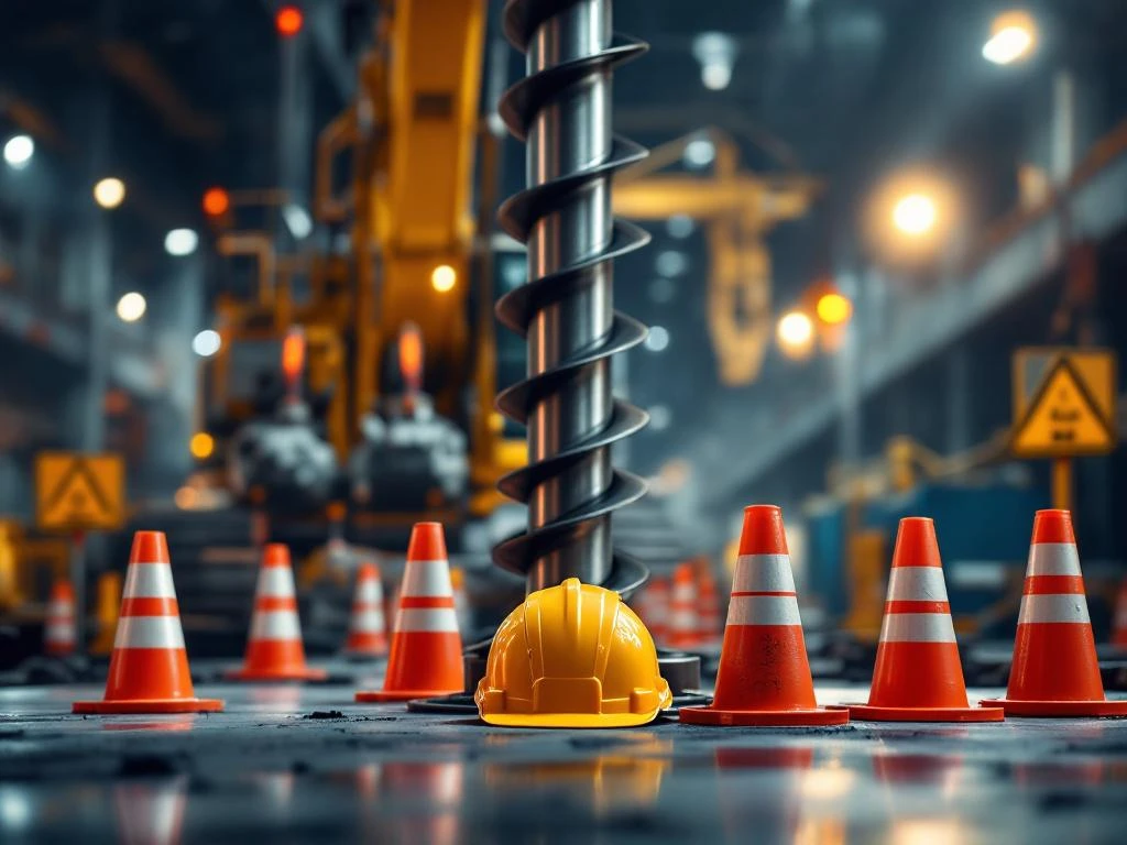 Stalen schroefpaal wordt geïnstalleerd op bouwplaats met oranje veiligheidskegels en gele helmen op voorgrond