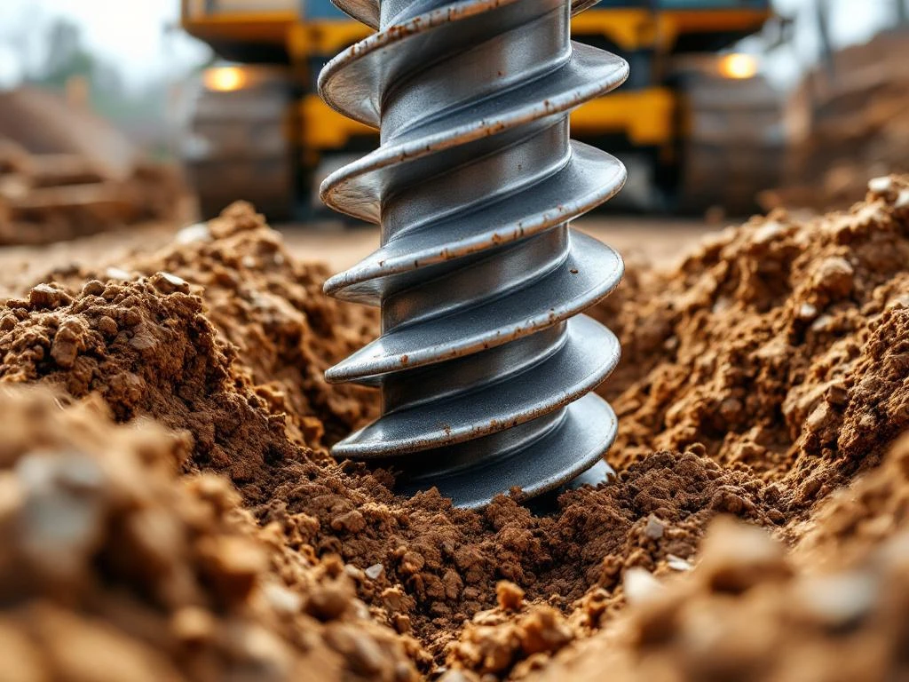 Galvanized stalen schroefpaal wordt in bruine grond gedreven met hydraulische installatie-apparatuur op bouwplaats