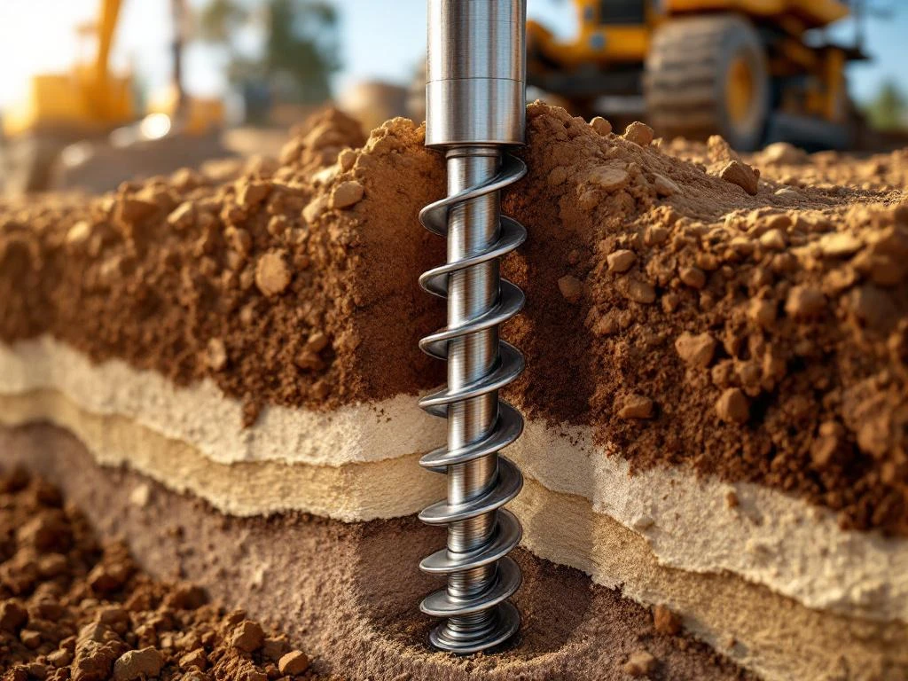 Stalen schroefpaal met spiraalvormige draden wordt geïnstalleerd in gelaagde kleigrond met bouwapparatuur op achtergrond