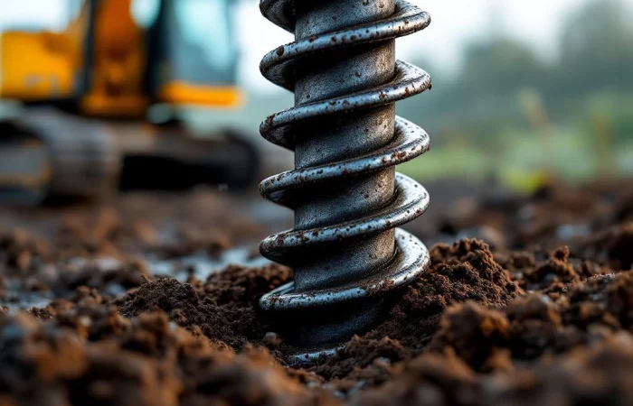 Grote stalen schroefpaal wordt geïnstalleerd in donkere, waterrijke veengrond met constructieapparatuur op achtergrond