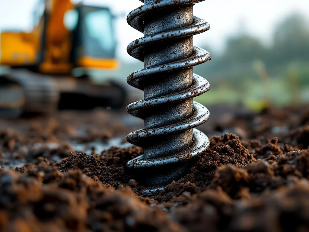 Grote stalen schroefpaal wordt geïnstalleerd in donkere, waterrijke veengrond met constructieapparatuur op achtergrond