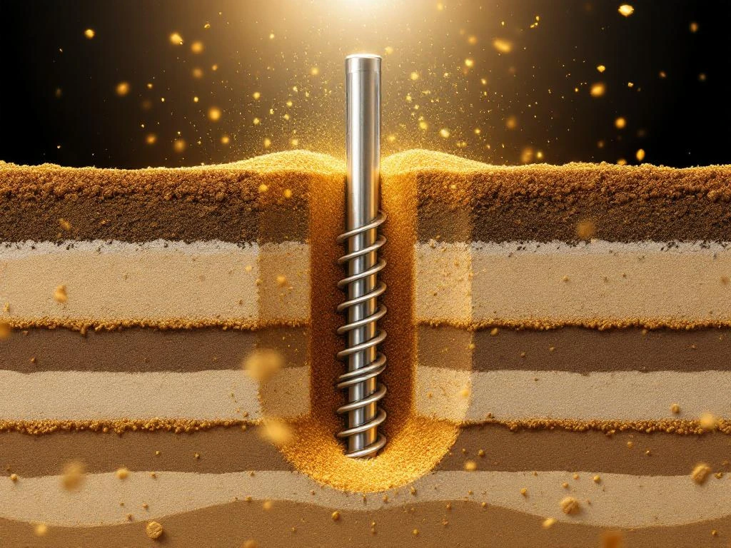 Stalen schroefpaal met spiraalbladen geïnstalleerd in gelaagde zandgrond, dwarsdoorsnede met vallende zanddeeltjes