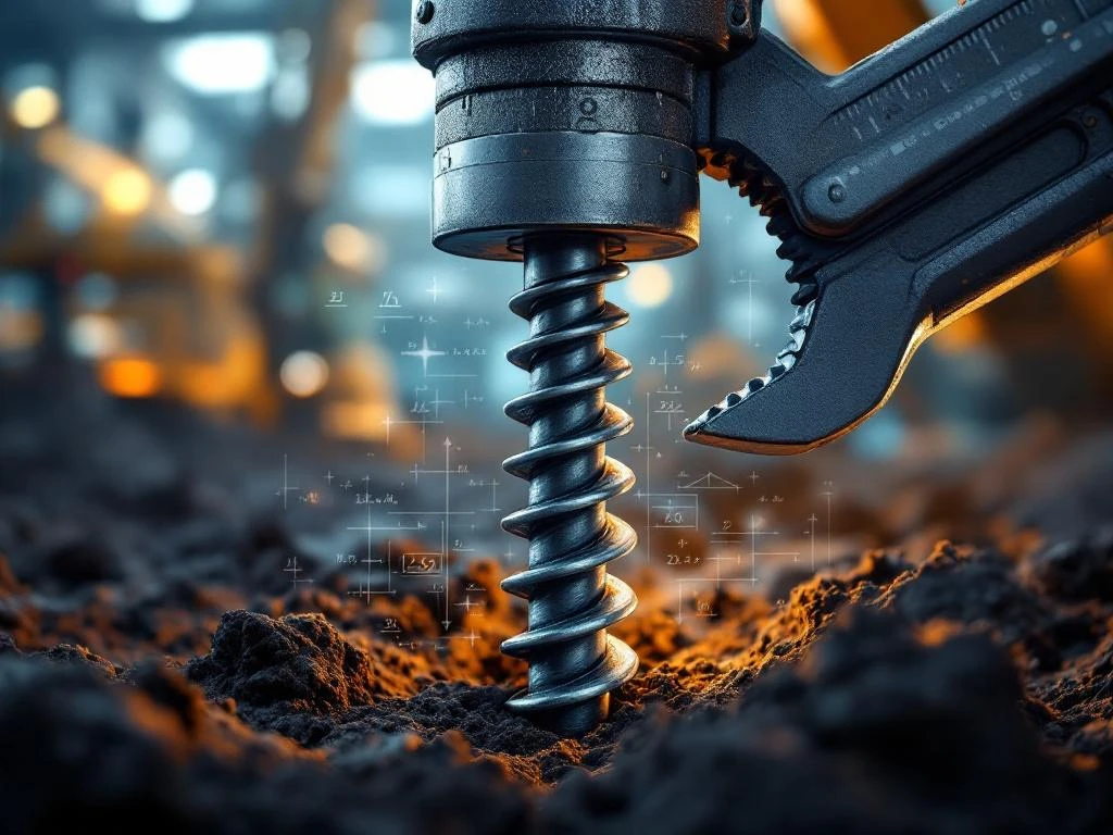 Industriële momentsleutel grijpt schroefpaal in donkere grond met technische precisie en professionele bouwapparatuur