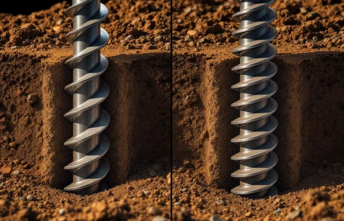 Vergelijking van conische en cilindrische schroefpalen in bruine grond met dwarsdoorsnede en stalen oppervlakken