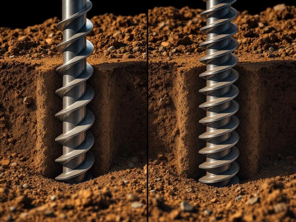 Vergelijking van conische en cilindrische schroefpalen in bruine grond met dwarsdoorsnede en stalen oppervlakken