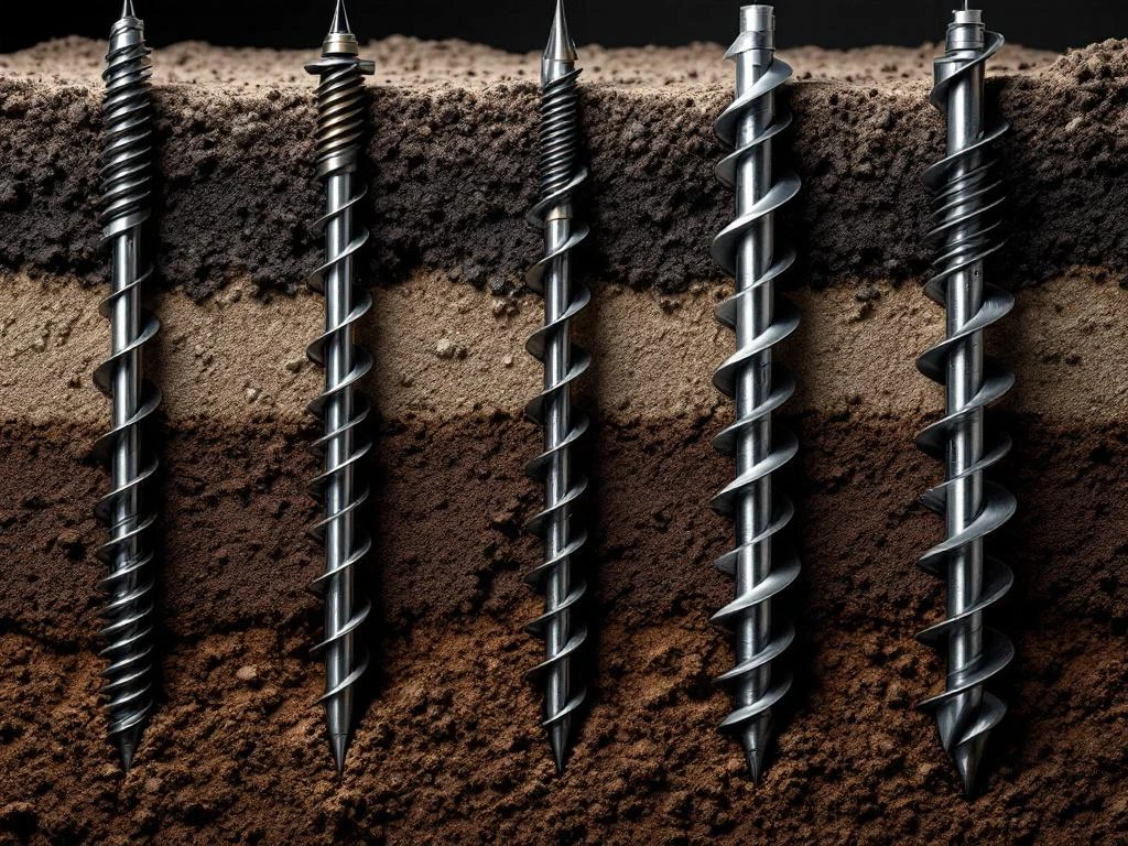 Doorsnede van vijf verschillende schroefpalen met unieke schroefdraad en bladconfiguraties in gelaagde grond