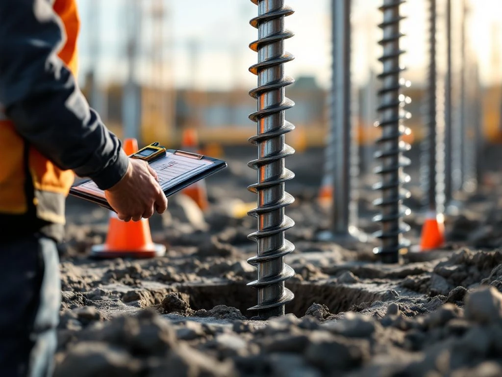 Inspecteur meet galvanische schroefpalen in betonnen fundering met digitaal meetapparaat en checklist