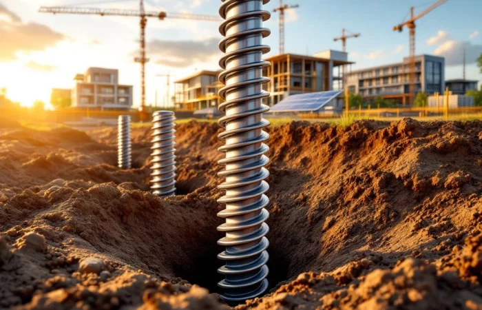 Stalen helix schroefpalen worden geïnstalleerd op bouwplaats met woonwijk en industriële projecten op achtergrond