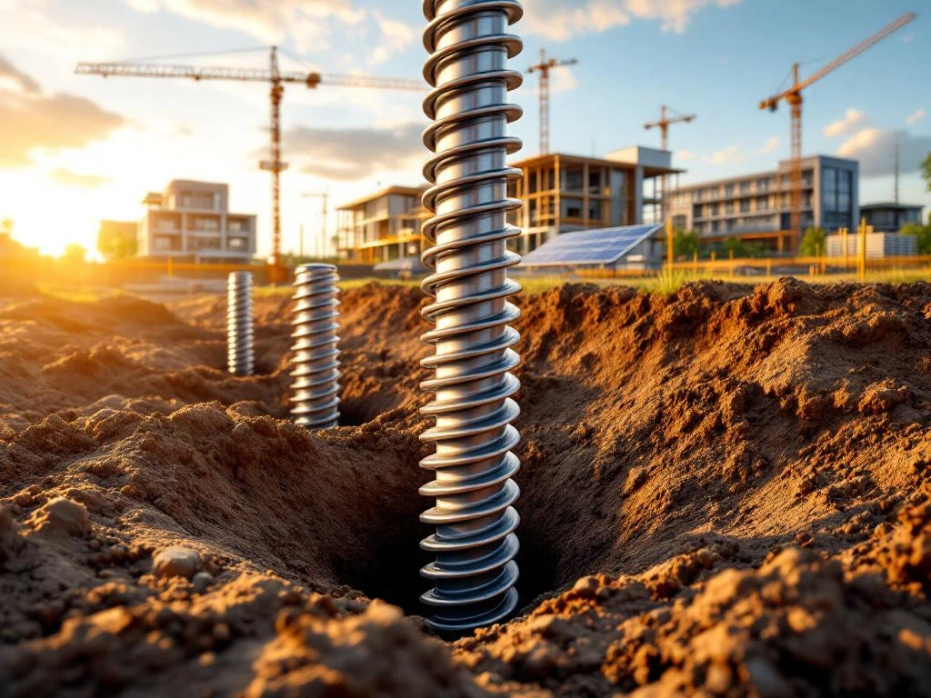 Stalen helix schroefpalen worden geïnstalleerd op bouwplaats met woonwijk en industriële projecten op achtergrond