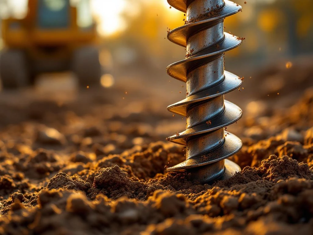 Stalen schroefpalen met spiraalvormige bladen worden geïnstalleerd in bruine grond met bouwmachines op achtergrond