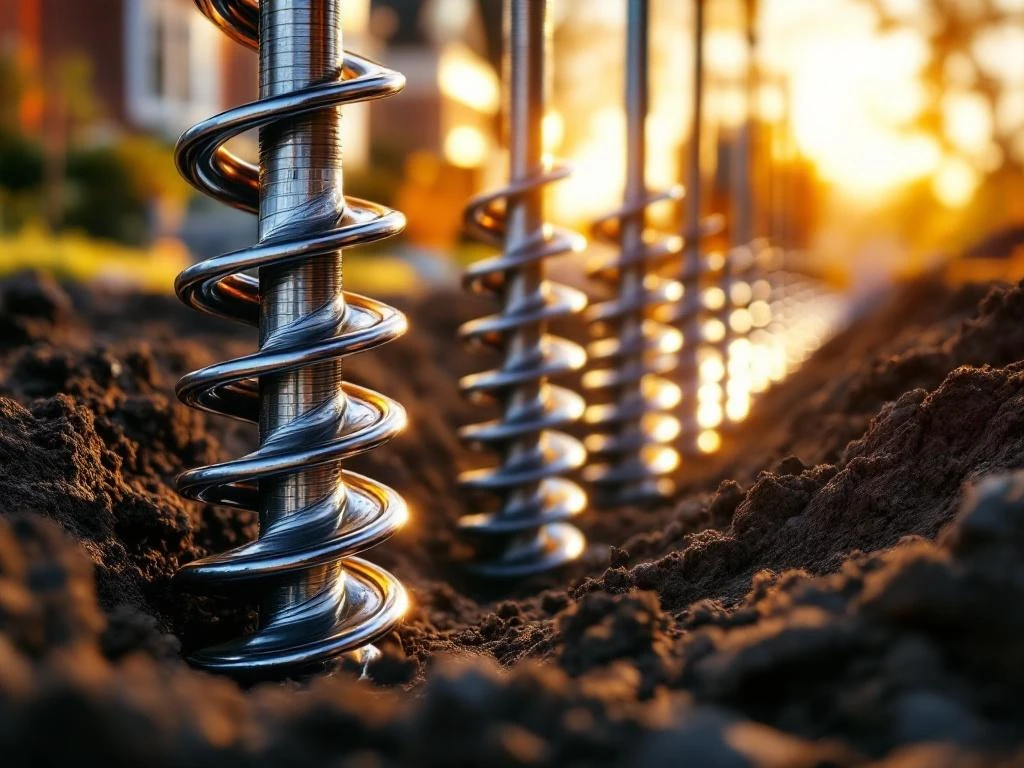 Stalen schroefpalen worden geïnstalleerd in donkere grond met huisuitbreiding op de achtergrond tijdens gouden uur