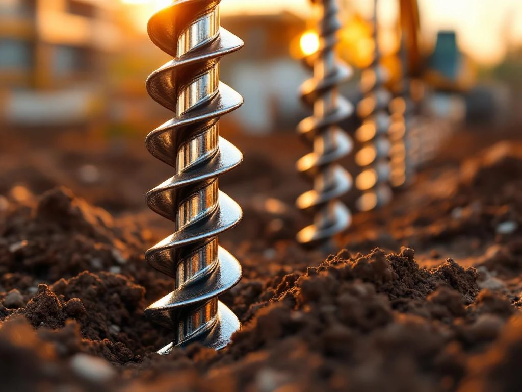 schroefpalen-installatie-fundatie-technologie.jpg Stalen schroefpalen worden geïnstalleerd in bruine grond met bouwmachines op achtergrond tijdens gouden uur verlichting