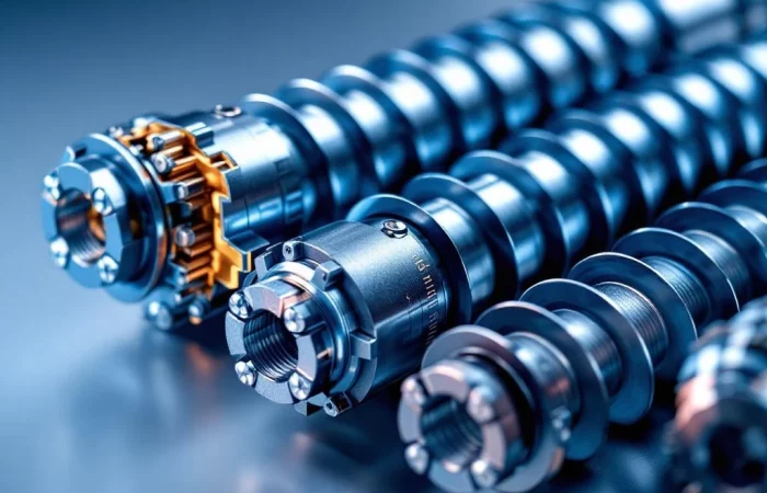 Gedetailleerde doorsnede van stalen schroefpalen met spiraalschroefdraad en technische specificaties in industriële kleuren