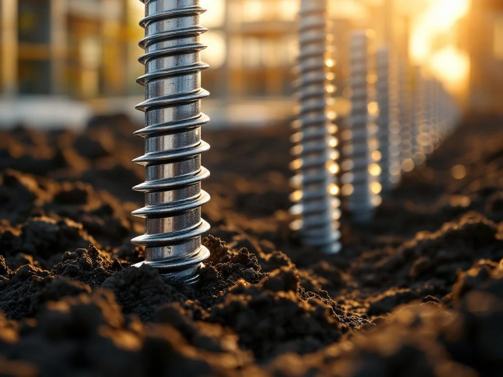 schroefpalen-staal-fundering-warranty-close-up.jpg Stalen schroefpalen in donkere grond met ochtendlicht, bouwplaats op achtergrond, kwaliteitszegel zichtbaar