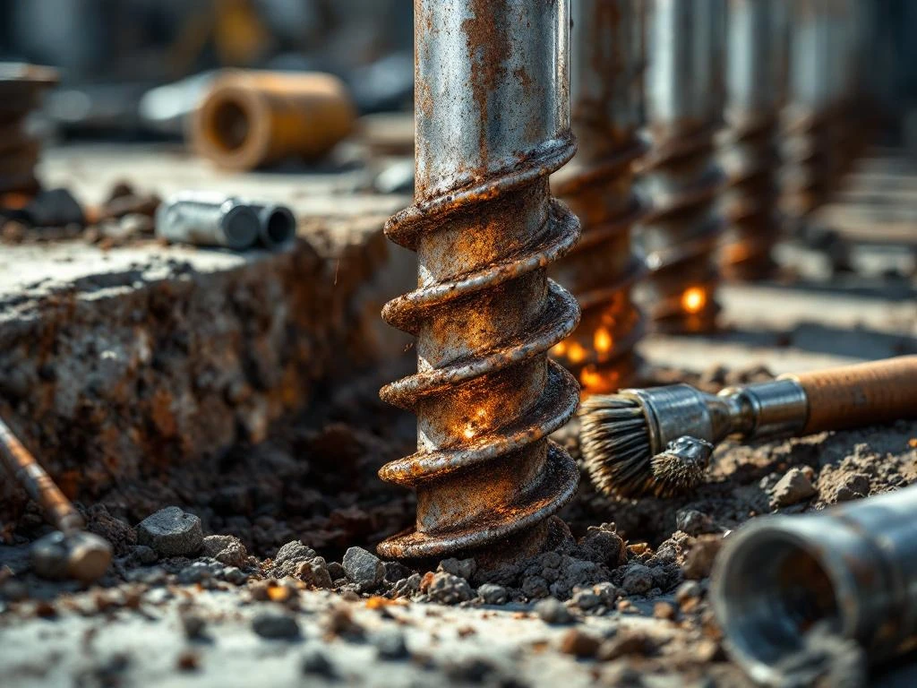 stalen-schroefpalen-reparatie-corrosie-schade.jpg Beschadigde stalen schroefpalen met corrosie en reparatiegereedschap op bouwplaats met betonnen fundering