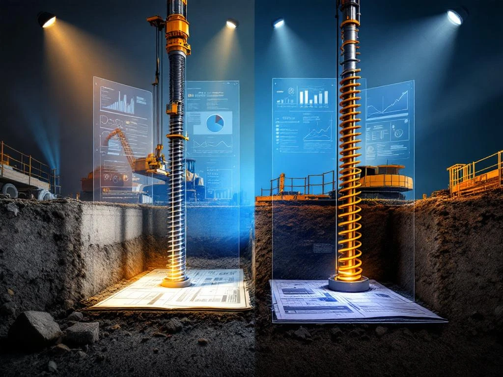 Vergelijking van traditionele betonpalen versus moderne schroefpalen met blauwdrukken en installatieprocessen