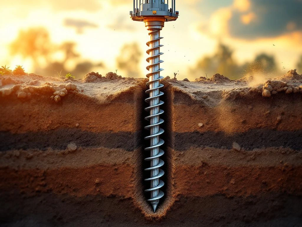 schroefpaal-fundatie-installatie-grondlagen.jpg Stalen schroefpaalfundering wordt geïnstalleerd in gelaagde grond met bouwapparatuur en warme verlichting